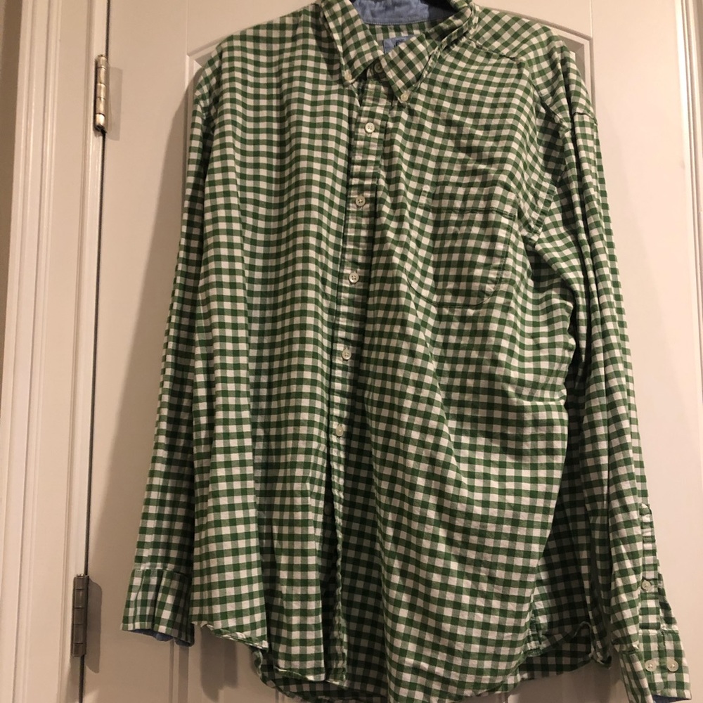 Green and white check button down